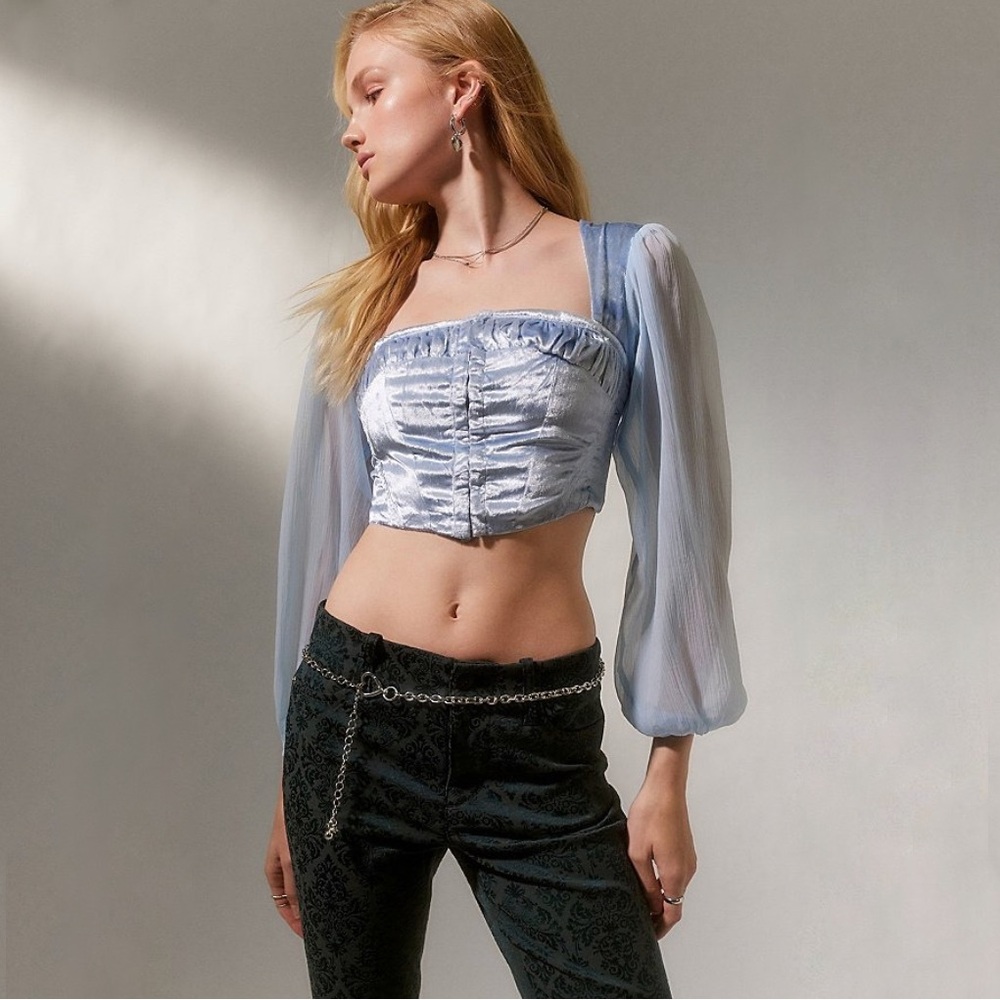 UO Peggy Velvet Puff Sleeve Bustier Top in Sky